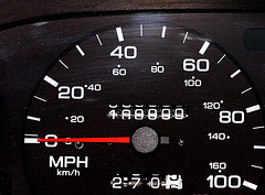 Car odometer at 100000 miles