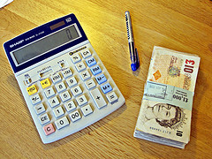 Calculator, pen and money